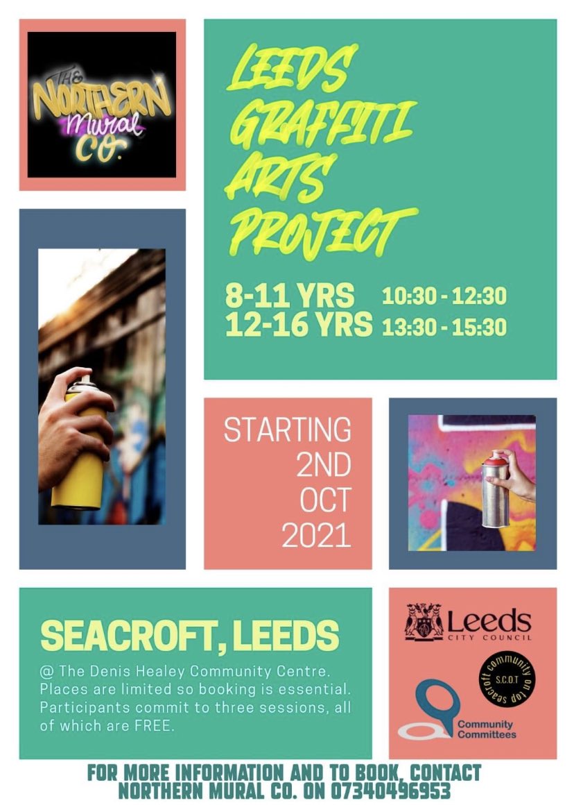 **YOUTH GRAFFITI WORSHOPS**
Do you know of anyone aged 8-16yrs that would be interested in trying graffiti? ⁦Starting 2nd October at Denis Healey Centre! ⁦<a href="/SCOT02939410/">Seacroft Community On Top (S.C.O.T) CIO</a>⁩
