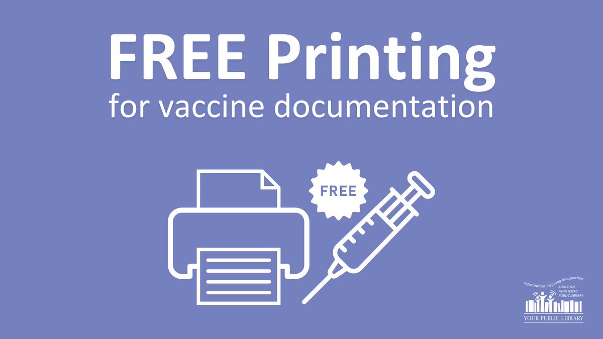 KFPL's tweet photo. No printer? No mobile device? No problem! We're happy to waive printing fees for COVID-19 vaccination receipts. 
Note: our staff can't assist with navigating the Ontario COVID-19 vaccination service website, given the private health information involved. #YGK #InFrontenac https://t.co/wXEJ4mYeaU