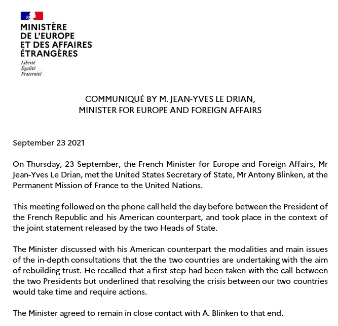 ❝This morning in New York I met <a href="/SecBlinken/">Secretary Antony Blinken</a>, my American counterpart, to engage in the process of extensive discussions between our two countries. Moving ahead from this crisis we are going through will take time and require acts.❞ 

#UNGA 🇺🇳 <a href="/JY_LeDrian/">Jean-Yves Le Drian</a>