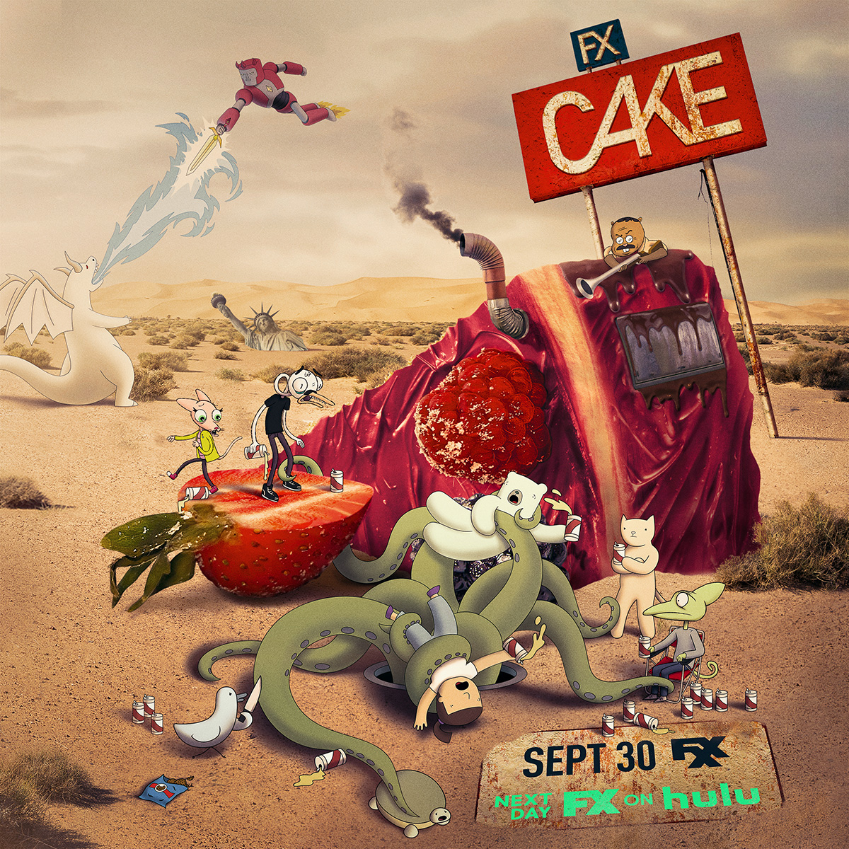 another slice of chaos coming your way. CAKE is back in one week with all-new live-action and animation on FXX, next day on #FXonHulu.