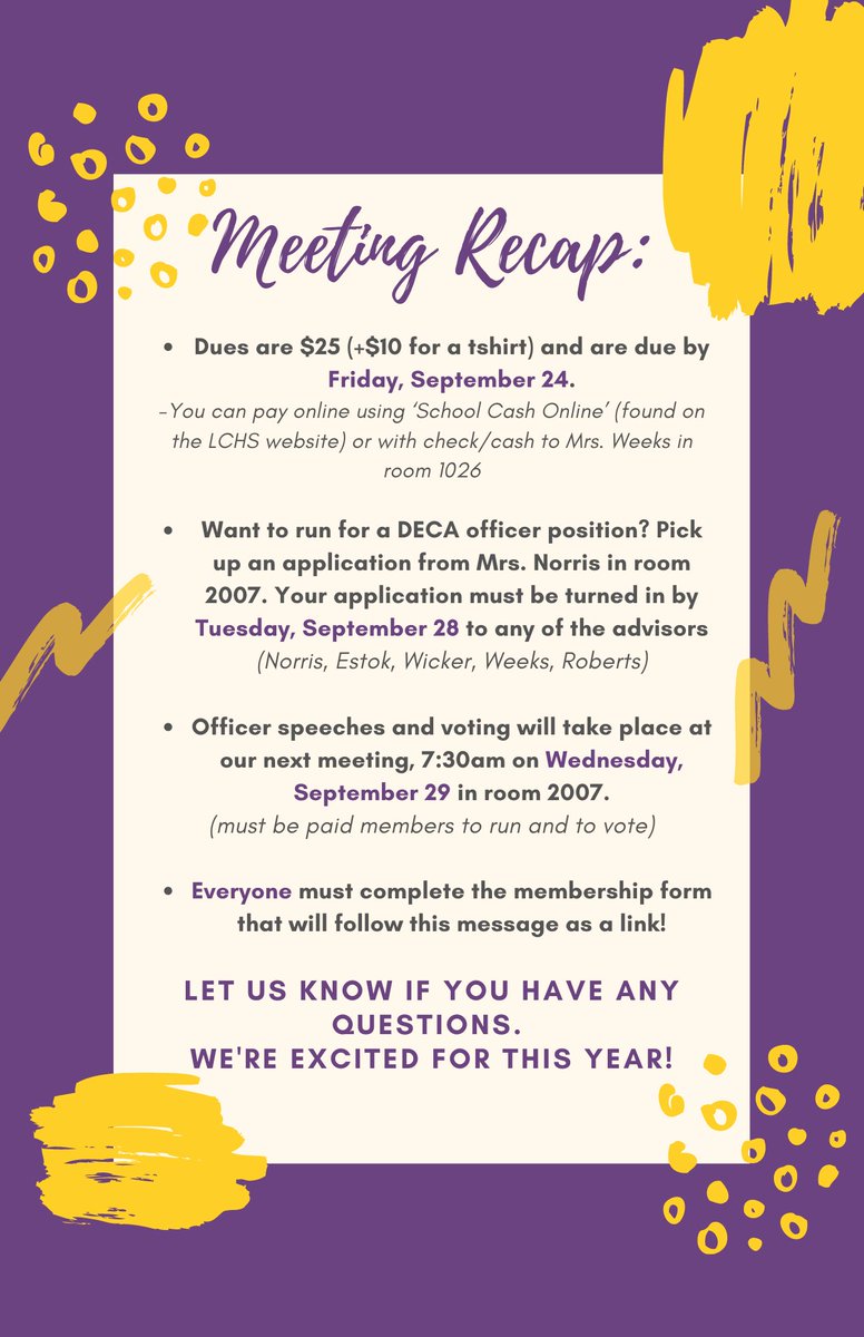 DECA REMINDER:
If you are interested in becoming a member: 
1. Be sure to join our Remind  Enter 81010 and Text this message @9f23gk
2. Member Application Link forms.gle/df9nRyCLqkh5h5…
3. Dues must be paid by Friday, September 24th- see more details below