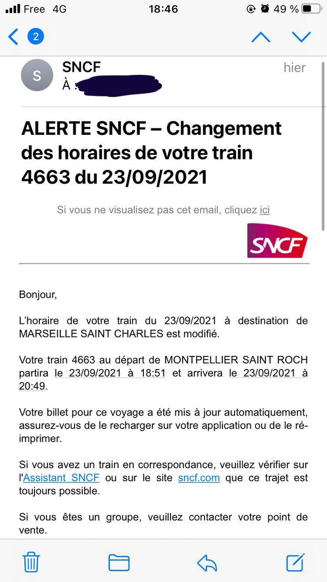 Hé la <a href="/SNCF/">❌</a> trop sympa de prévenir que le train a changé d’horaire! Par contre la prochaine fois, c’est possible de préciser que la gare a aussi changé?! Histoire qu’on puisse vraiment avoir le train. Sur une échelle de 0 à 10 niveau incompétence on est pas mal non..?