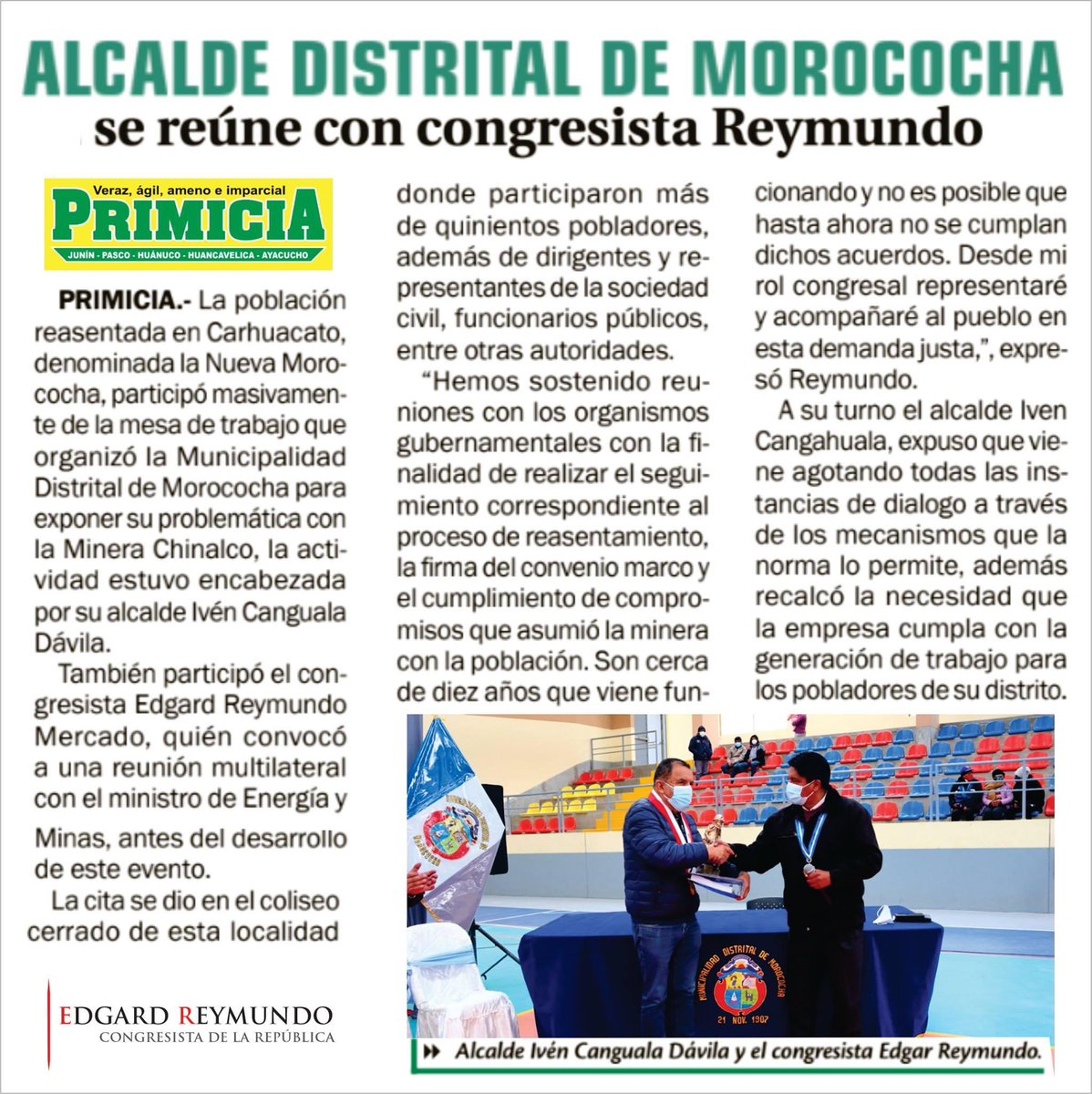 #SemanaDeRepresentación | Compartimos una nota al congresista <a href="/EdgardReymundo/">Edgard Reymundo Mercado</a> publicada hoy en el Diario Primicia.