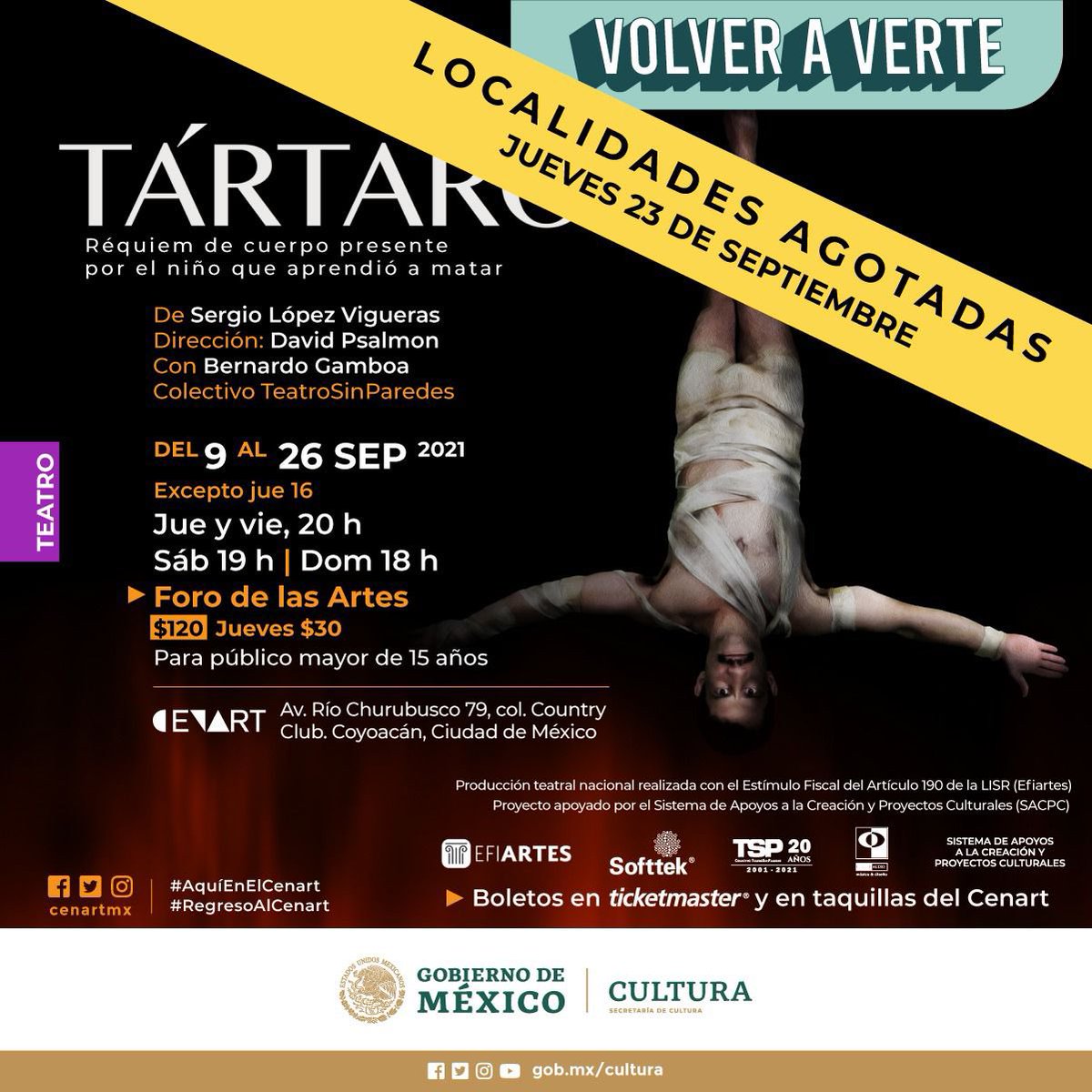 TeatroSinPared's tweet photo. “Nada de lo que han escuchado sobre TÁRTARO es exagerado”.

#Jueves FUNCIÓN AGOTADA les esperamos viernes 20h | sábado 19h |domingo 18h
🎭Foro de las Artes
🎟Taquilla y Ticketmaster 

#Tártaro #TSP #AquíEnElCenart #EFIArtes
📸Fernanda Olivares https://t.co/KT1JjM7hdI