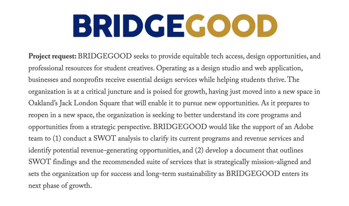 bridgegood's tweet photo. Community Success: #BRIDGEGOOD Onboarding selected as a Top 10 Nonprofit Project for the @Adobe Pro Bono Residency Showcase, #Adobe's most high impact #probono offering. Thank you Kripa &amp; Danny! 💛 Check out the impact of ALL 21 teams at this #Spark page: https://t.co/ZTqrFjTp7E https://t.co/13UACKtldY