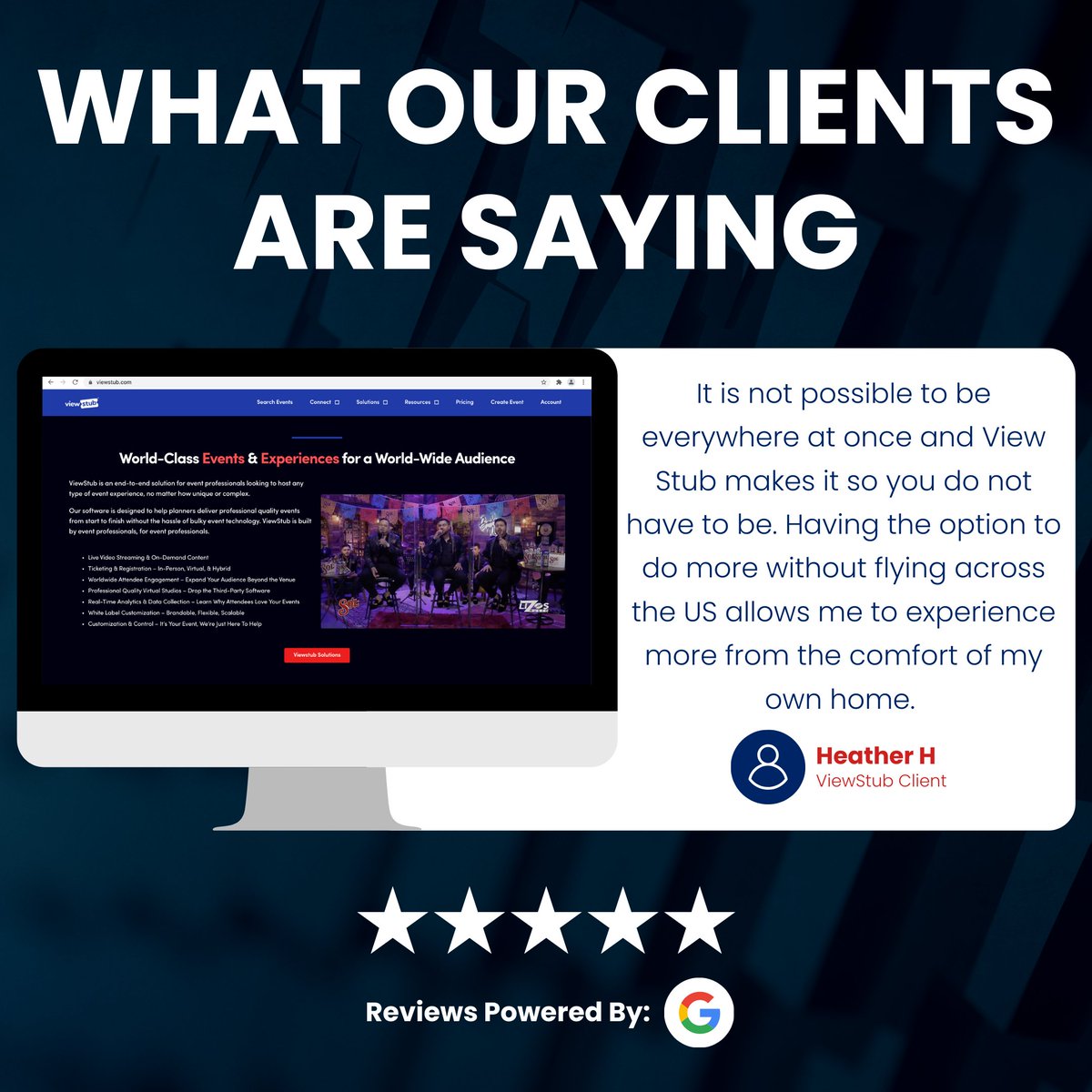 ViewStub's tweet photo. We really appreciate customers taking the time out to share their experience with us.
Thank you so much for the 5 star review, Heather!
We count ourselves lucky to partner with #eventprofs like you.
#events #customerreview #postivefeedback #virtualevents #hybridevents https://t.co/omtoi2jNlw