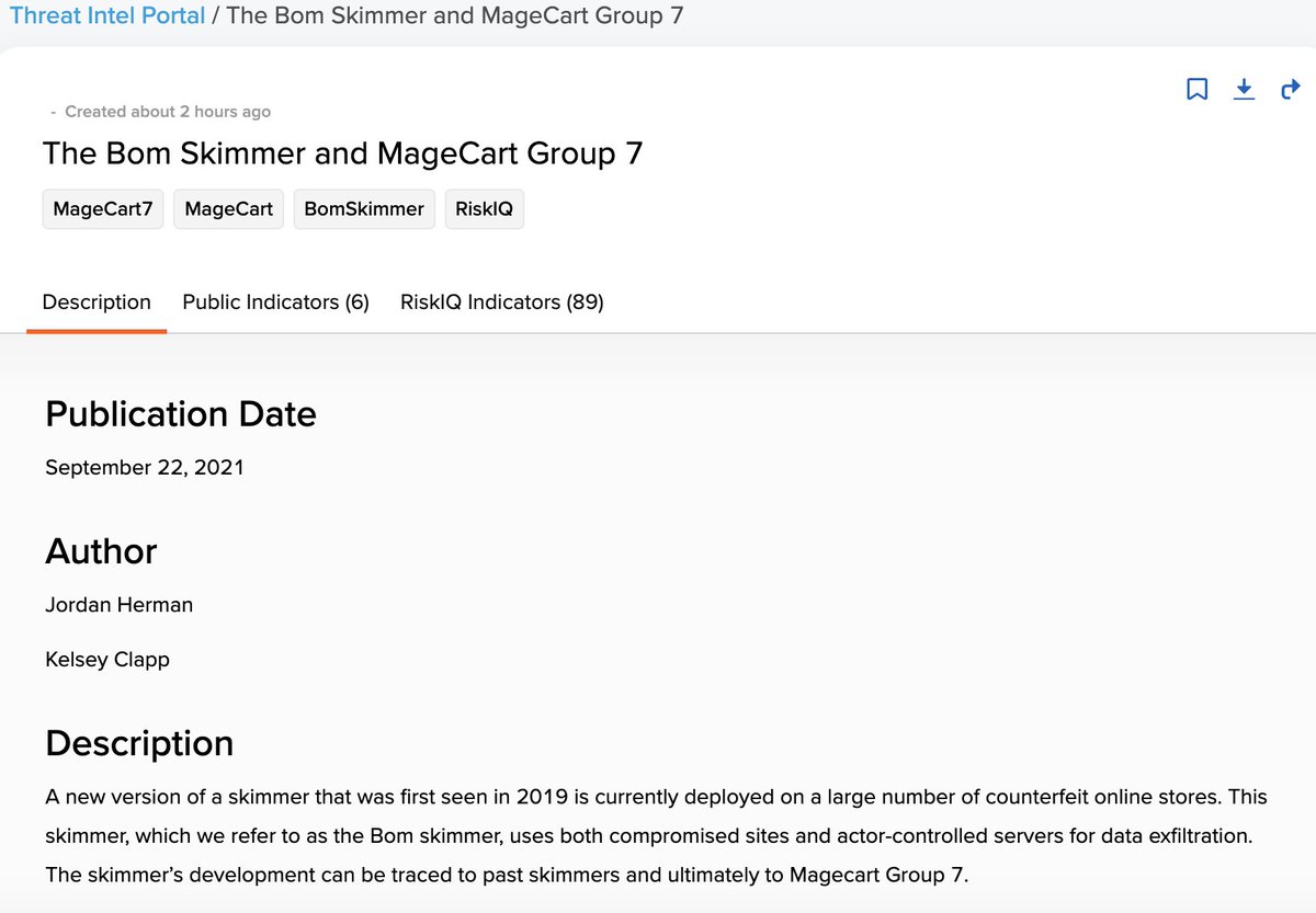 RiskIQ's tweet photo. Now live in the RiskIQ TIP: The "bom" skimmer is deployed on dozens of counterfeit #ecommerce sites and comes from a long line of #Magecart Group 7 skimmers, including #MakeFrame. Find out how we traced this lineage and access the complete list of IOCs: https://t.co/rmTM4hc1lV https://t.co/1otXEiU8DS
