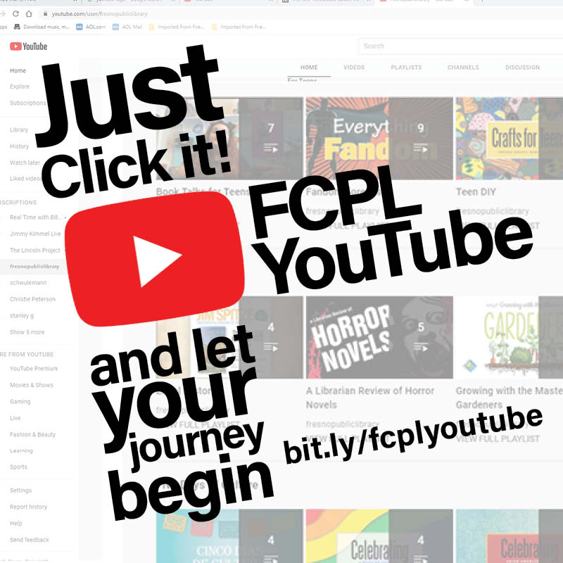 FCPL's tweet image. Browse the #FresnoLibrary #YouTubechannel to find tutorial videos, poetry readings, community stories, cooking demonstrations, gardening tips, crafts and science experiments for kids, lessons on local history, book talks &amp;amp; so much more! Start here: bit.ly/fcplyoutube