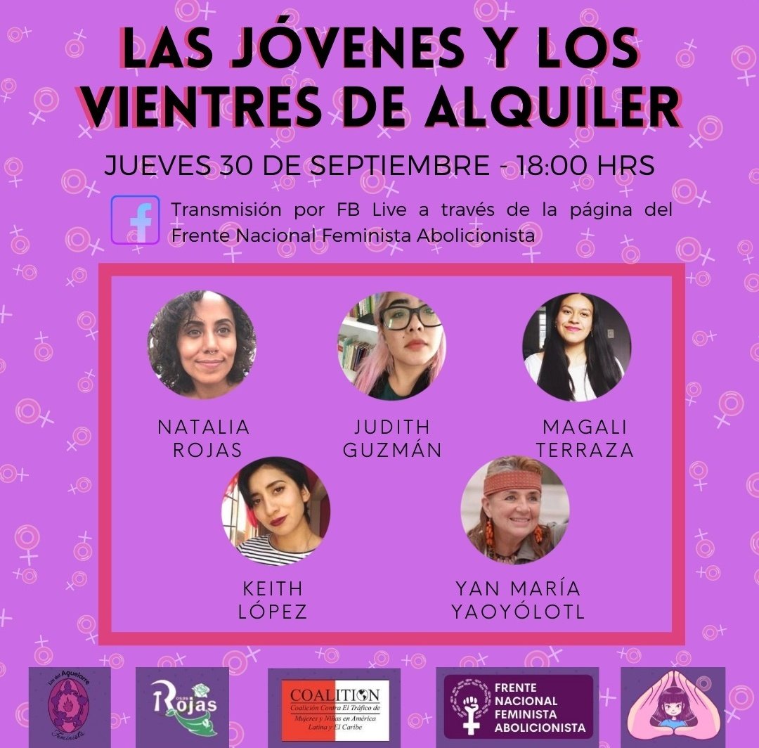 ColectivaSifa's tweet photo. Las invitamos este 30 de septiembre en punto de las 18:00 hrs, al conversatorio sobre vientres de alquiler que se transmitirá en la página de Facebook del Frente Nacional Feminista Abolicionista.
💜💜 No falten 💜 https://t.co/55c0MElGi6