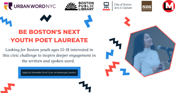 ArtsinBoston's tweet photo. Are you up for Boston’s civic challenge? Be our next Youth Poet Laureate! Apply by November 14 at 5 p.m. https://t.co/s2saKWybFA https://t.co/tdHEb8WL3x