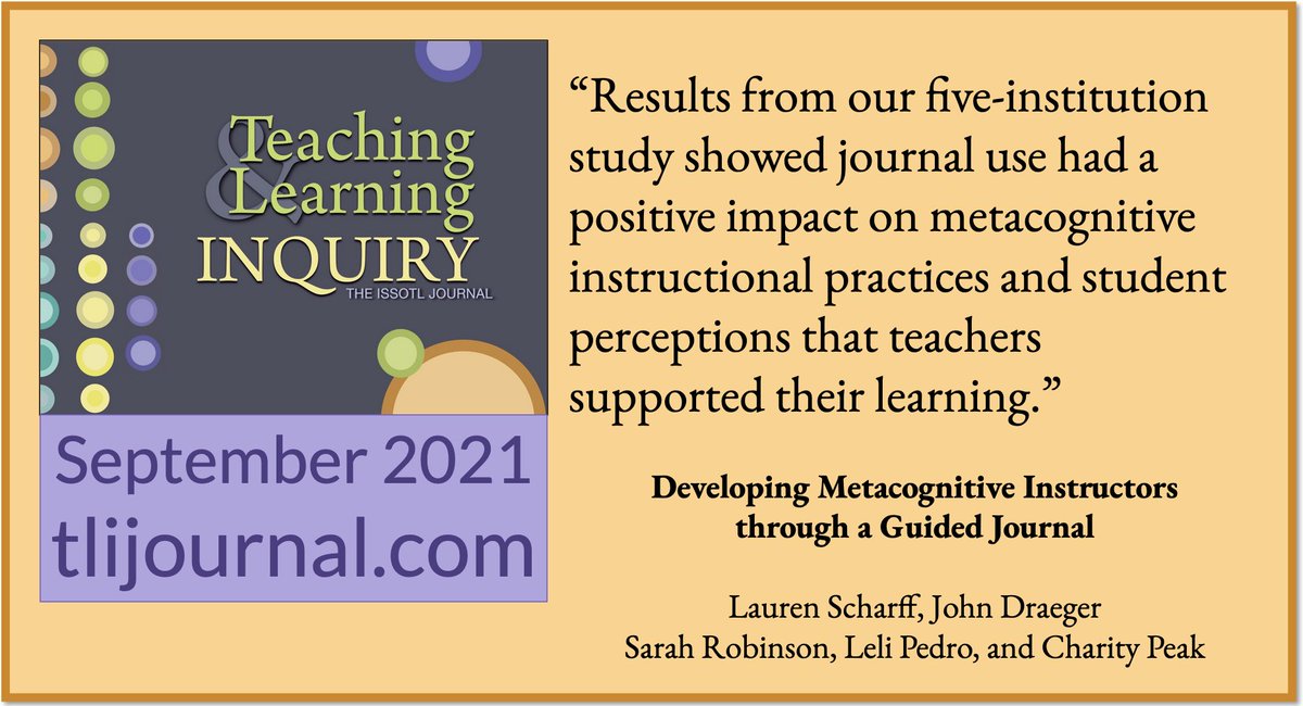 .<a href="/LaurenVScharff/">Lauren Scharff</a>, J. Draeger, S., Robinson, L. Pedro, &amp; C. Peak discuss the positive (and less so) results of using guided journal on the development of metacognitive instructional practices. Read more about their research here doi.org/10.20343/teach…
@ISSOTL #SoTL