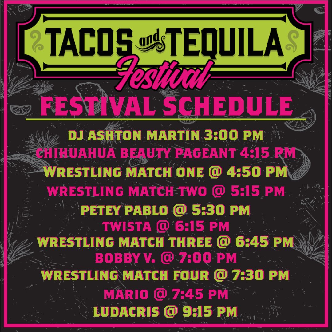 #2DAYS 🎉
Check out the full schedule for #TacosandTequila! Get ready to party with us. Check out the link below for your tickets. Act quick! They are almost gone 👀
🎟 bit.ly/TT-Tickets
