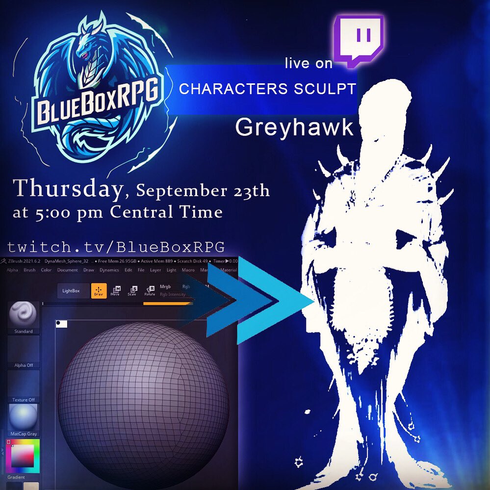thequantumbard's tweet photo. Tonight, @renan_assuncao_ will be doing his first brand new 3D sculpting stream!  Join him live on https://t.co/m2EHNCuXQu at 5 p CT! #blueboxrpg https://t.co/Zs3AuRnhNJ