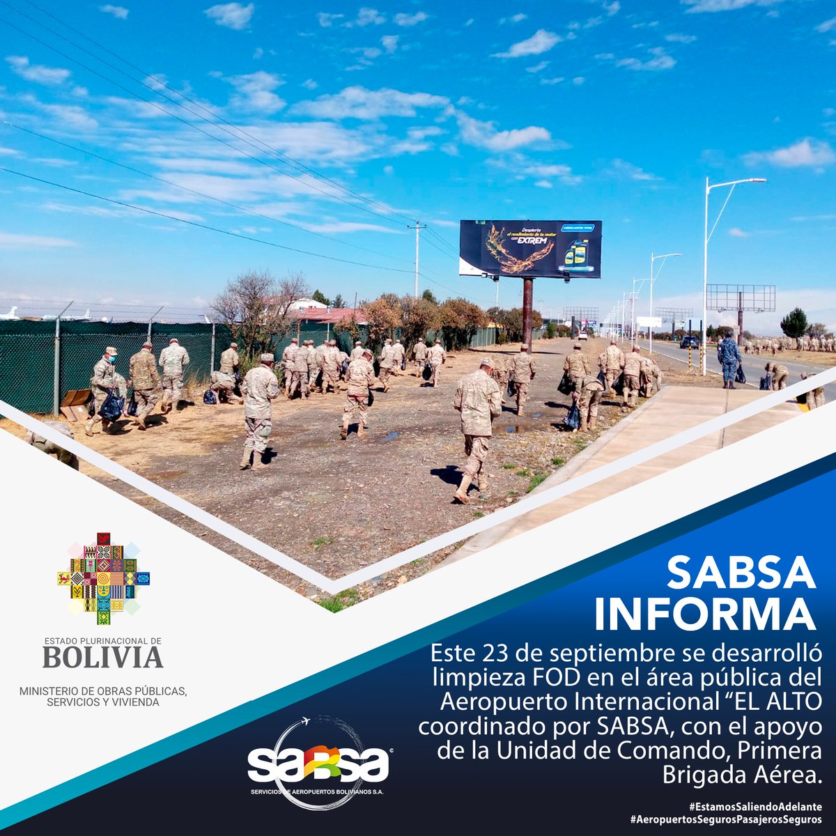 BoliviaSabsa's tweet photo. #SABSAINFORMA | Este 23 de septiembre se desarrolló limpieza FOD en el área pública del aeropuerto Internacional “EL ALTO coordinado por SABSA, con el apoyo del Comando de la Primera Brigada Aérea.
#GestionDeGobierno
#EstamosSaliendoAdelante
#AeropuertosSegurosPasajerosSeguros https://t.co/uZKj3wPOtg