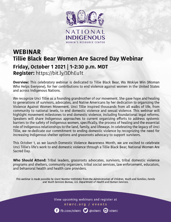 Tillie Black Bear, a founding grandmother of our movement, gave hope and healing to generations of Native survivors and advocates. Join us in celebrating Tillie Black Bear Women Are Sacred Day with a webinar this October 1. 💜  1 p.m. MDT. Register: bit.ly/39bd9A8 
#DVAM