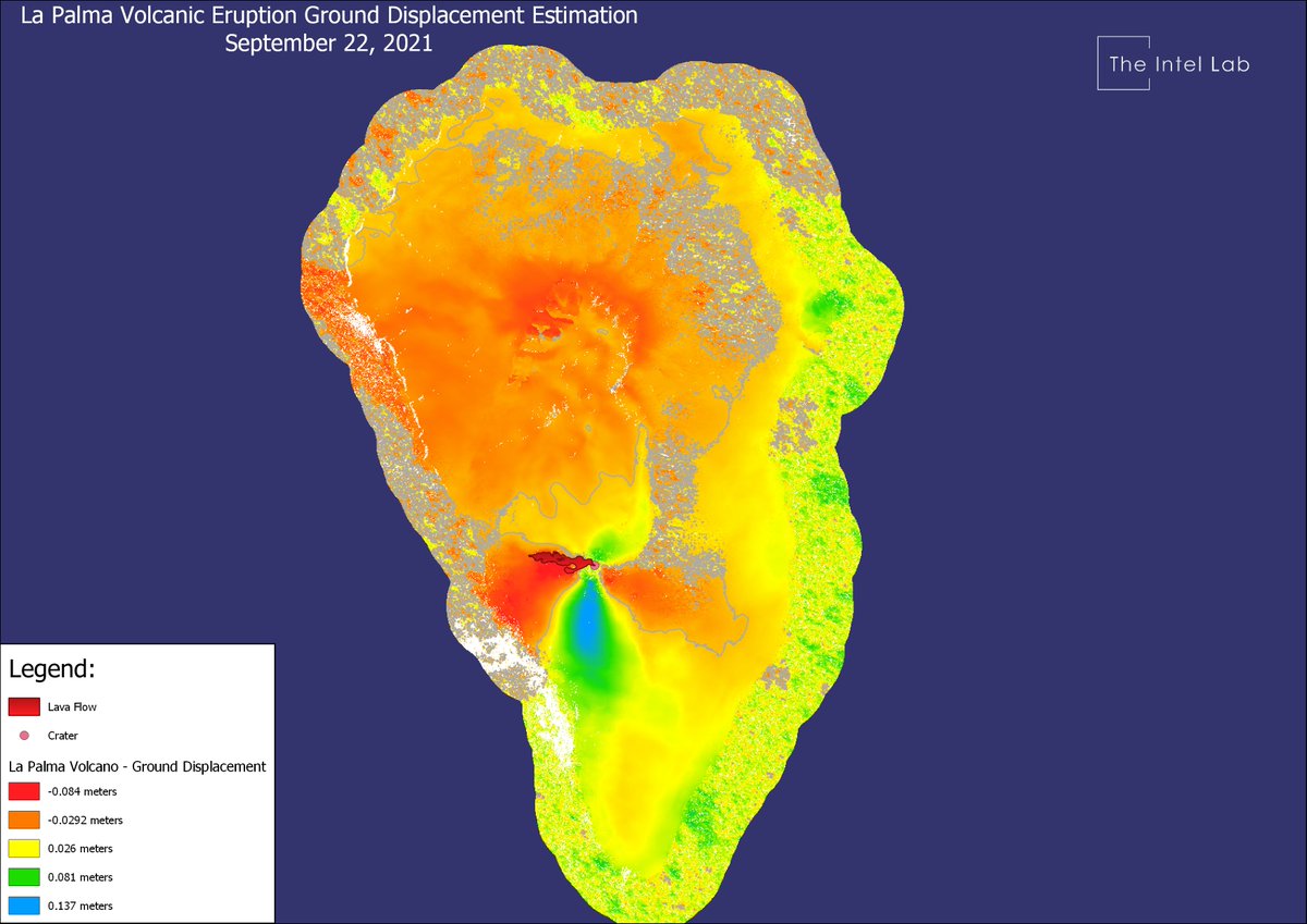 TheIntelLab's tweet image. #Lapalmaerupcion -  Ground displacement estimation using DInSAR technique based on a Sentinel-1 SLC pair from Sept 16 and Sept 22. Displacement values range from approx -8 cm to +14 cm. Processed with SNAP. Data courtesy @esa @CopernicusEU. #TheIntelLab #SAR