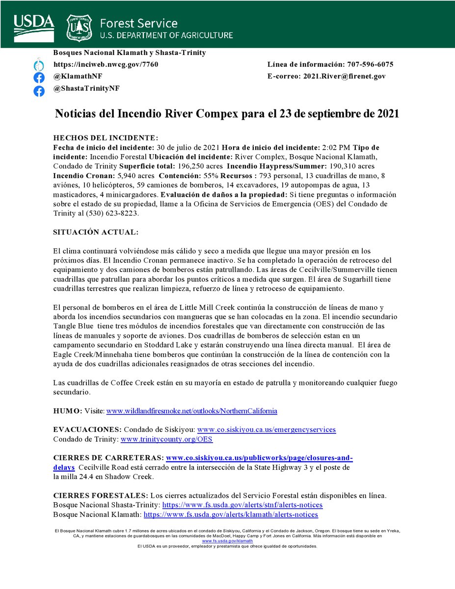 Klamath_NF's tweet photo. #RiverComplex Update 9/23/21
Total acreage:196,250 Haypress/Summer: 190,310 Cronan: 5,940 Containment: 55% 
#IncendioRiverComplex para el 23 de septiembre de 2021 Superficie total:196,250 acres  Incendio Haypress/Summer: 190,310 acres Incendio Cronan: 5,940 acres  Contención: 55% https://t.co/gFsNARW1vq