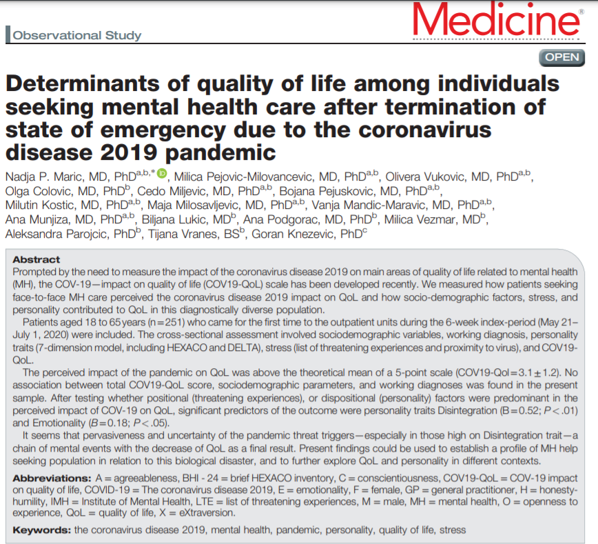 ImpulseStudy's tweet photo. Nadja Maric, PI of our Serbian team, and her colleagues published a paper on predictors of #qualityoflife as measured by the #COV19-QoL Scale, an instrument created within the IMPULSE project.
Read the full text at: https://t.co/moWPdnVeSI https://t.co/1SBXOW4H8T