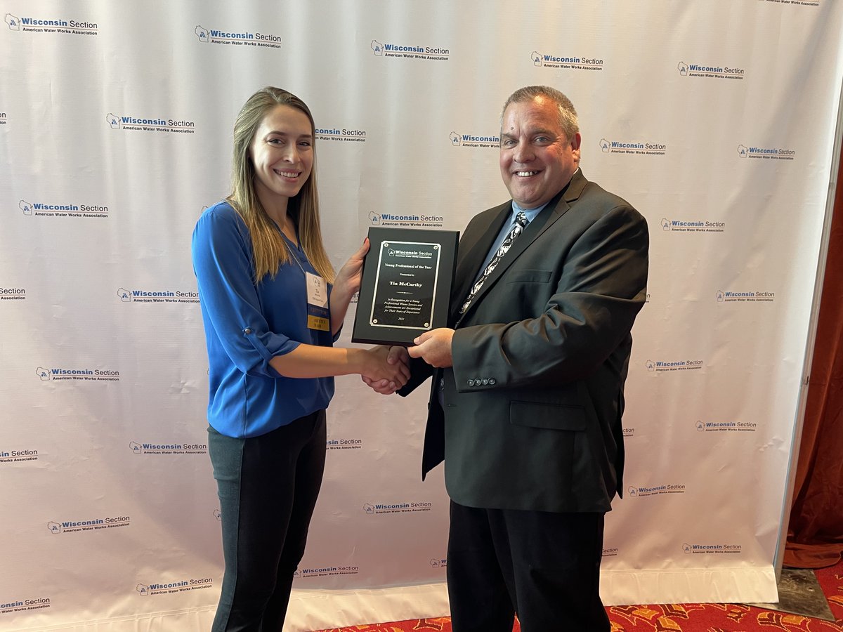 WIAWWA's tweet photo. The awards are ready to be handed out! Congrats to Tia McCarthy for the Young Professional of the Year and Dodgeville Water Utility for the Small Systems Excellence Award! Way to go! #100YearsofWIAWWA https://t.co/I6uC3wV2Xl
