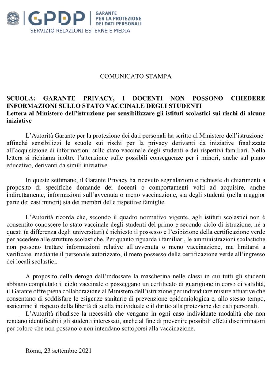 GCerrinaFeroni's tweet photo. Garante Privacy: i docenti non possono chiedere informazioni sullo stato vaccinale degli studenti e dei loro familiari. Ecco il comunicato stampa @GPDP_IT https://t.co/xThHtwAWuX