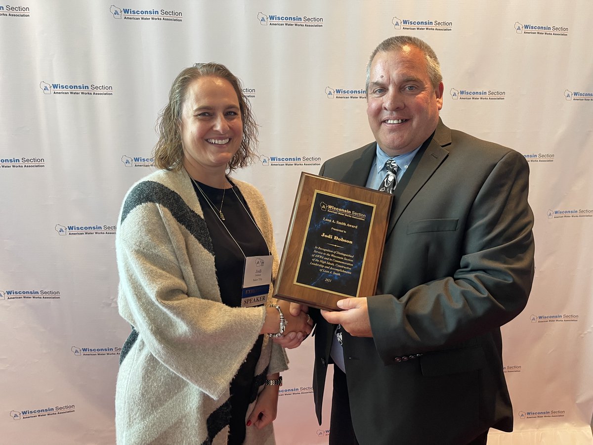 WIAWWA's tweet photo. Congrats to Patrick Planton on receiving the Lifetime Achievement Award, looking good Pat! Also congrats to Jodi Dobson on receiving the Leon A. Smith Award! Nice work! #100YearsofWIAWWA https://t.co/zXefHTBiew
