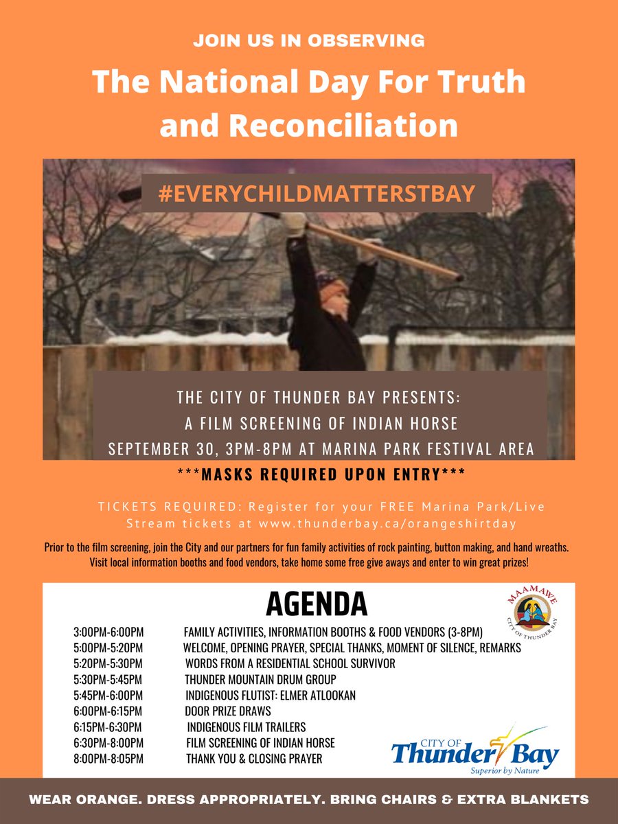TBayCulture's tweet photo. Join the City of Thunder Bay in observing The National Day for Truth and Reconciliation on Thursday September 30th for a film screening of Indian Horse down at Marina Park Festival Area 🧡

Tickets are FREE and available at https://t.co/76UwBG4Kmz 🎫🧡

#everychildmatters https://t.co/MDUYVBCKKM