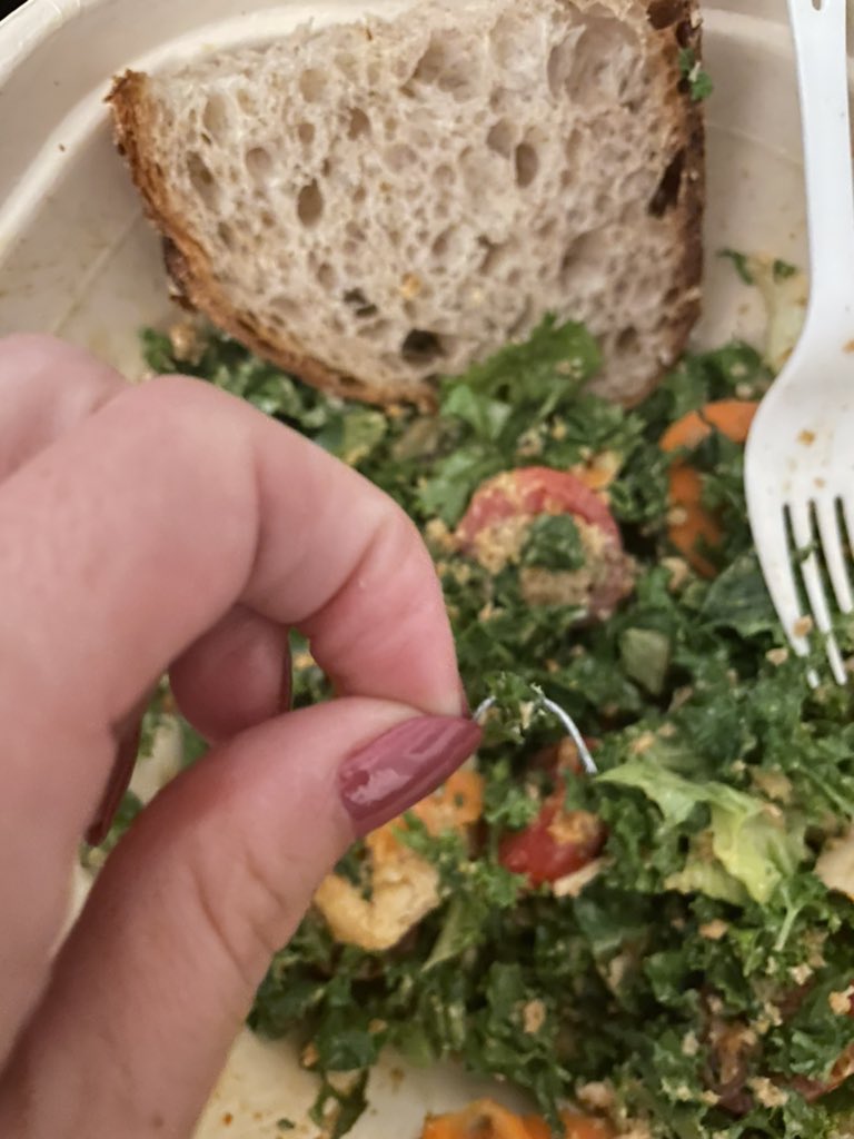 brittneyrizo's tweet photo. Buyer beware of @sweetgreen salads ‼️ As if stories &amp; scares of ecoli, hair and bugs weren’t enough, today I found a metal wire in my salad. I am lucky I didn’t damage my teeth or swallow it. #sweetgreen #lunch #salad https://t.co/inZsfh3pau