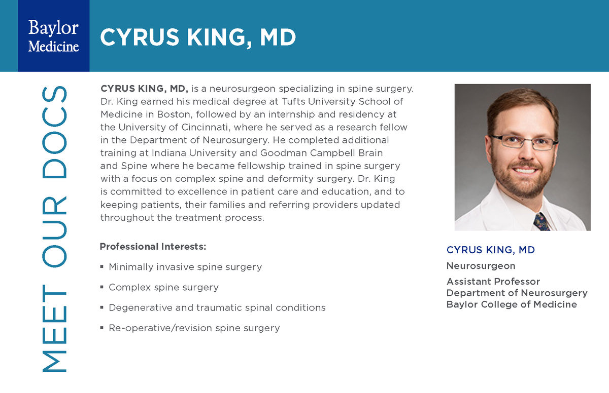 Please join us in welcoming Dr. Cyrus King who specializes in complex and minimally invasive spine surgery. 

#MeetOurDocs #BCMHouston #BaylorMedicine #Neurosurgery #SpineNeurosurgery #SpineSurgeon

Learn More: bit.ly/3AC2Wcr