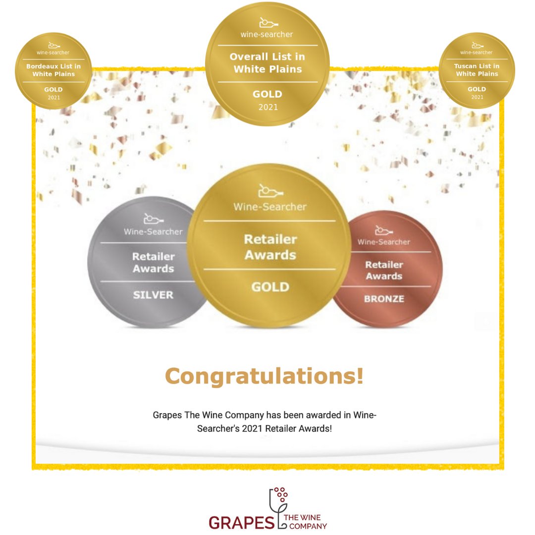 grapestwc's tweet photo. We are honored to be awarded the Gold for Wine-Searcher's Overall List 2021 Retailer Award! 🥇@WineSearcher Thanks!
#BestSpirits
#WineSearcherAwards
#WineSearcherRetailAwards
#WineSearcherWinners #topretailer
#whiteplains #westchester #westchesterny #westchestercounty https://t.co/GOX9k2RB04