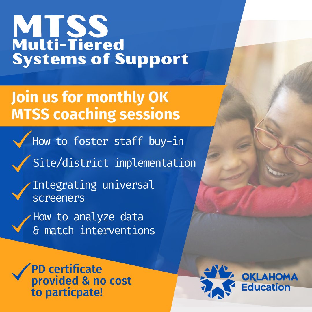 oksde's tweet photo. Grow/share your knowledge of implementing MTSS in #oklaed schools &amp; take your coaching to the next level w/ monthly training sessions!

This free, virtual PD opportunity begins Sept. 28. Register: https://t.co/UKqOjqm4mz
Prerequisite self-assessment: https://t.co/CnTyoc8XZQ https://t.co/OwNJVxzRHB