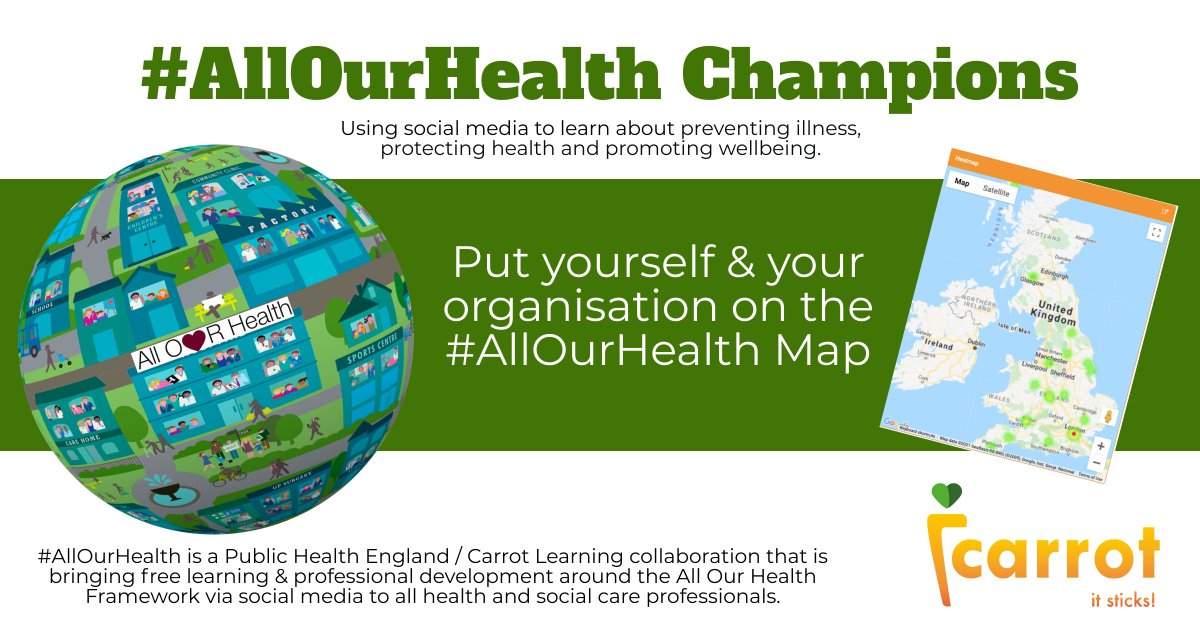 CALLING ALL HEALTH &amp; CARE PROFESSIONALS - Put yourself on the #AllOurHealth Champion Map! 

Here is a new, FAST &amp; FREE, Twitter based way to top up your CPD:

Take a look ➡️ courses.carrotlearning.co.uk/PHEAOHC/

🌎🌎🌎🌎🌎🌎🌎🌎🌎🌎