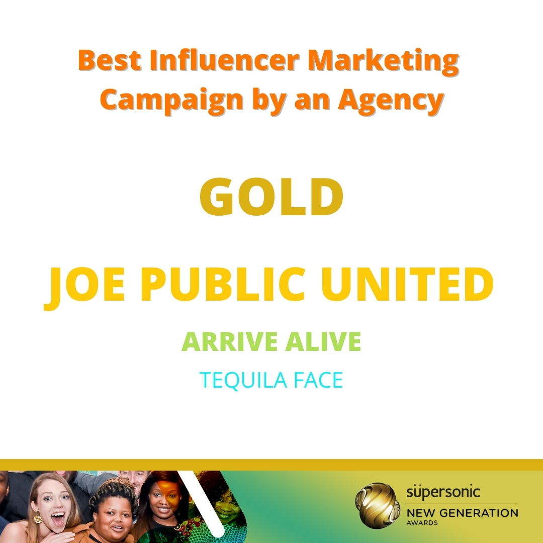 NewGeneration_0's tweet photo. Category: Best Influencer Marketing Campaign by an Agency
Award: Gold Winner
Winner: @JoePublicUnited @_ArriveAlive

Congrats Team!

#SupersonicNewGenAwards https://t.co/VHYBLzYL2o