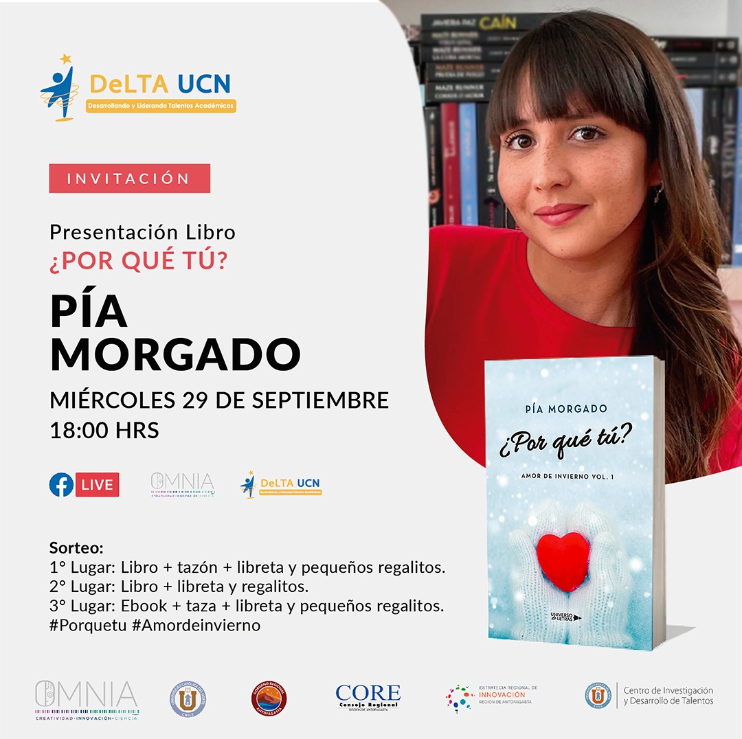 omnia_ucn's tweet image. Acompáñennos a la presentación de la novela juvenil: ¿Por qué tú?, de la escritora local, Pía Morgado 📚

📅🕒 Miércoles 29 de septiembre - 18:00 horas
Transmisión simultánea por Facebook Live través de nuestras redes y @DeLTAUCN 

🎁 Habrá sorteos y algunas sorpresas 📒