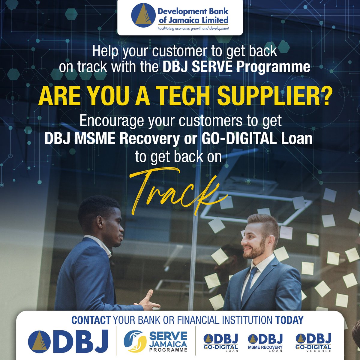 DBJamaica's tweet photo. Do you provide training that helps businesses to go digital?
Reach out to your bank or financial institution & ask about the DBJ SERVE Programme.
Visit https://t.co/maUfz824fy, text us via WhatsApp 876-371-3830 or email us at: mail@dbankjm.com
#DBJ #DBJSERVE #MSME #Innovate https://t.co/wwWUtKAApY