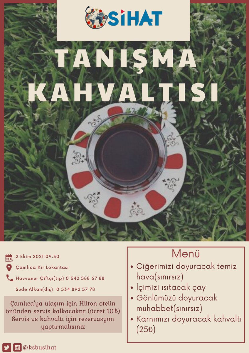 Yapmayı çok özlediğimiz, hem birbirimizi hem SİHAT’i tanıdığımız, bol muhabbetle geçen geleneksel tanışma kahvaltımızı sizlere duyurmaktan mutluluk duyarız. (Kahvaltı sonrasında açık havada yürüyüşümüz de olacaktır.)🌱

Servismiz 9.30 Hilton Otel önünden kalkacaktır