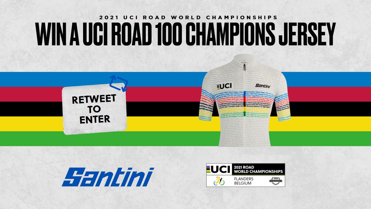 Retweet for a chance to win a special @SANTINI_SMS UCI Road 100 Champions jersey 🌈 📝 Entries close on Monday 27th Sep 2021 at 6pm CEST. Winner picked at random and announced on Tuesday 28th Sep 2021. #Flanders2021