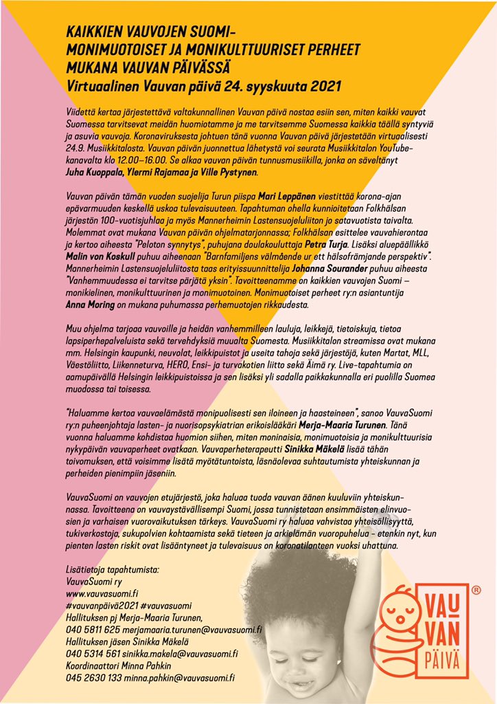 Tervetuloa seuraamaan virtuaalista Vauvan päivää Musiikkitalosta huomenna klo 12.00 alkaen! Linkit striimiin löytyy vauvasuomi.fi sivuilta ja Musiikkitalon YouTubesta! #vauvanpäivä #vauvavanpaiva #vauvanpäivä2021