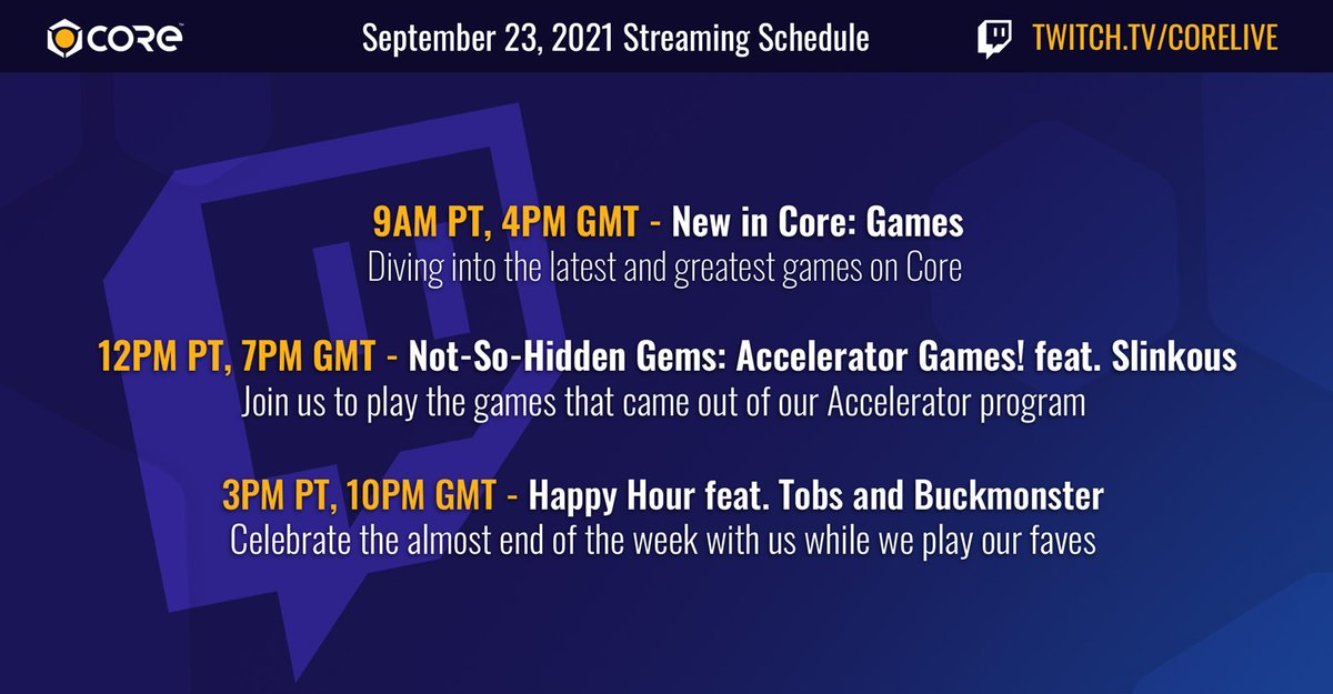 CoreGames's tweet photo. There's some very radical guests today on #CoreLive 👀 Plus, you can check out the VOD from this morning's stream: New in Core!

🏅 12pm PT, Accelerator Games ft. @ZazLinkous 

🍻 3pm PT, Happy Hour is back! ft. Buckmonster https://t.co/cy5G8HSlKf