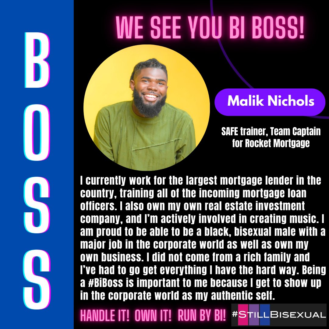 StillBisexual's tweet photo. Celebrating Malik Nichols for his achievements on #BiVisibilityDay. We see you, #BiBoss! #bisexual #lgbtq #stillbisexual #CelebrateBisexualityDay https://t.co/yP5tELpv3L