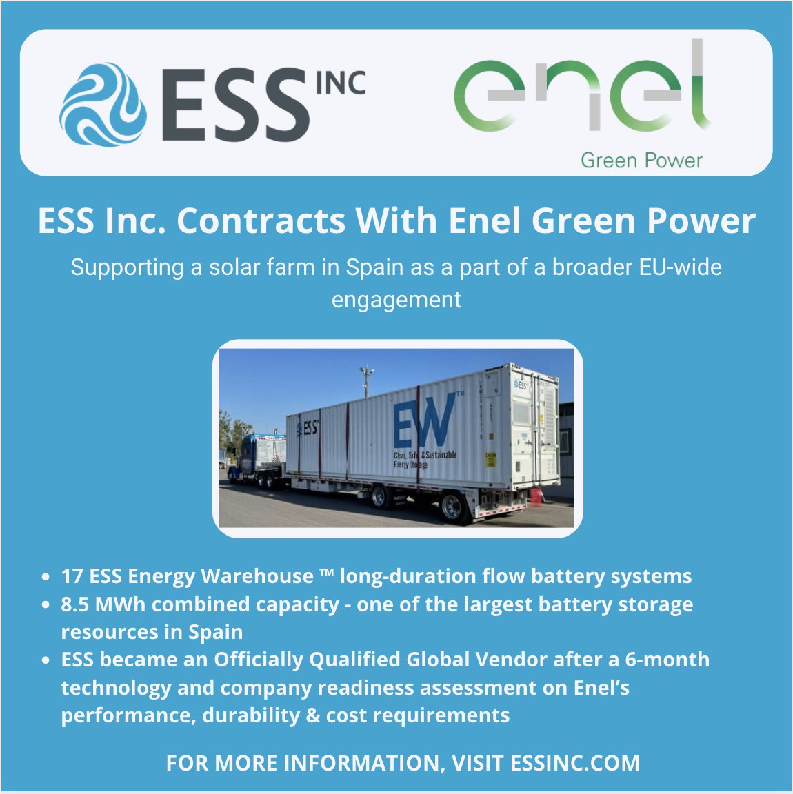 ESS_info's tweet image. We are pleased to announce ESS has contracted with @enelgreenpower to deliver 17 Energy Warehouse™ #ironflow battery systems, becoming one of the largest #batterystorage resources in Spain. Read the full release here: bit.ly/39DTZmJ.