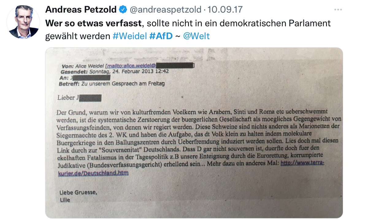 Manches gerät in Vergessenheit. Diese Mail von #Weidel („Lille“), veröffentlicht vor vier Jahren in der <a href="/WELTAMSONNTAG/">WELT AM SONNTAG</a>, sollte vor jeder Wahl in Erinnerung gerufen werden #schlussrunde