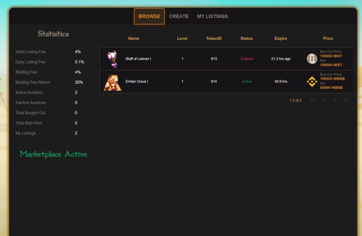 MistNft's tweet photo. Mist's browser-based NFT marketplace will be live Tuesday at 2pm UTC.  
Players can buy, sell, and flip their favorite #NFTs.  Over the next few days we will release tips about how auction creators can actually earn money on bid fees, and more. 
Take a look: #p2e #nftgaming #bsc https://t.co/EdF3TkJiuz