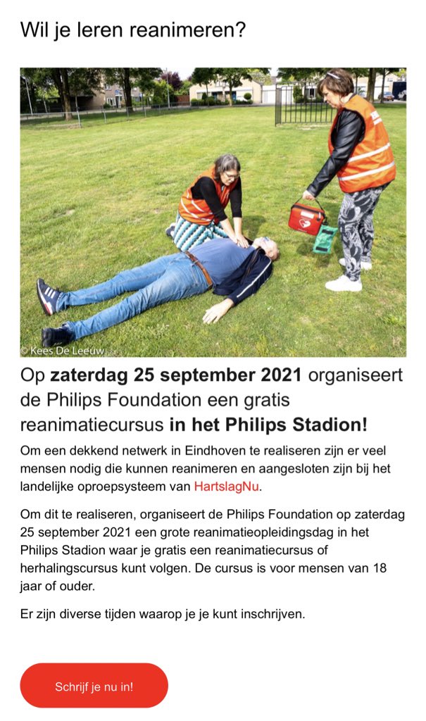 Aanstaande zaterdag sta ik samen met een hele hoop andere instructeurs in het PSV stadion reanimatie les te geven aan ± 800 cursisten! 

En van wat ik zie kan je je nog aanmelden voor deze GRATIS reanimatie cursus!! 

Woon je in de buurt? Meld je aan!

eindhovenhartveilig.splashthat.com