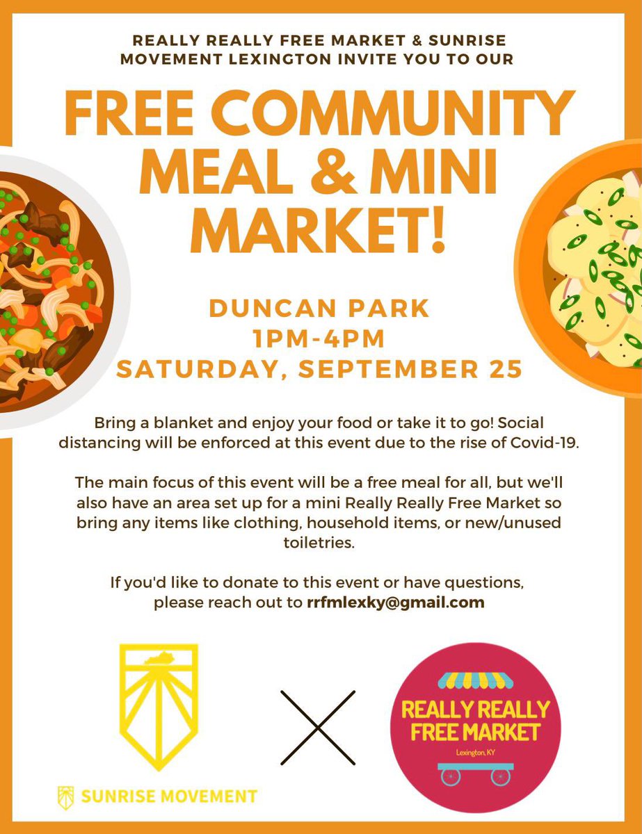 Join us this Saturday, Sept. 25 from 1-4 PM at Duncan Park for a free meal with our friends at Really Really Free Market! Bring a dish to share at the potluck, clothes and household items in good condition, and new/unused toiletries to give to the community. #MutualAid