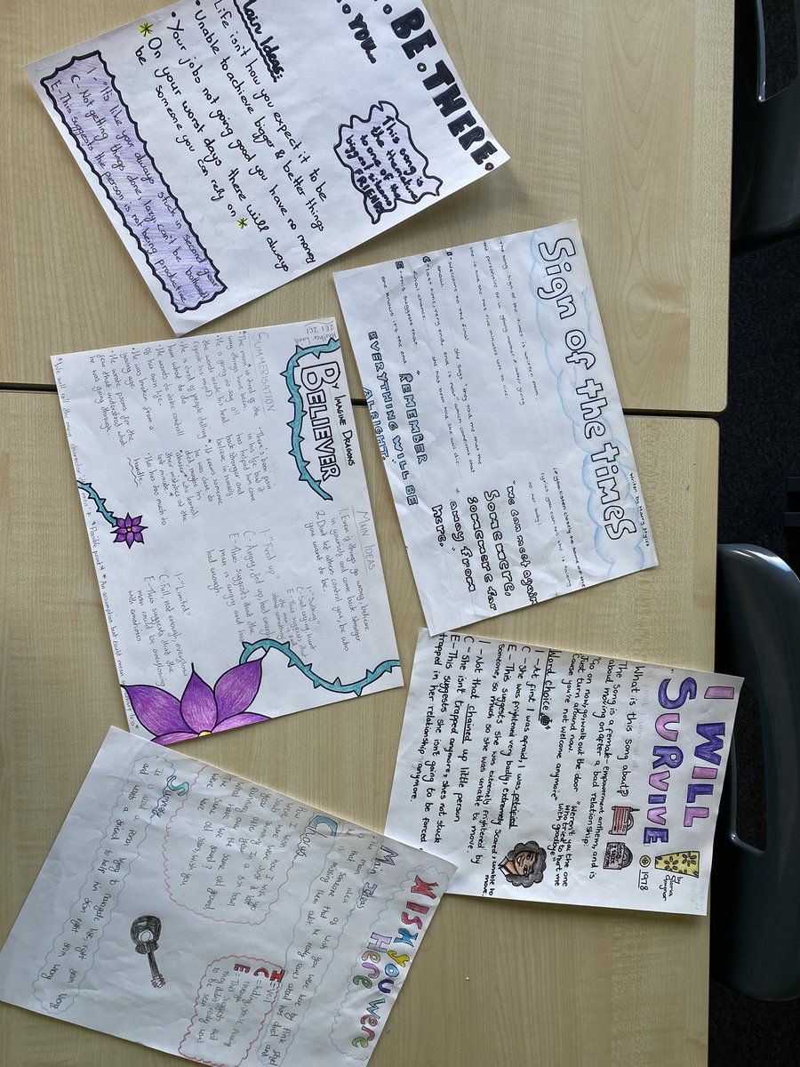 CVHS_English's tweet photo. Mrs Ferrieโs 2.1 have created some outstanding posters where they have shown off their skills in Main Ideas and analysis skills in Word Choice. Some amazing choices of song too - very impressed ๐๐ป @ClydeValleyHS #learningthroughsong #musicistimeless https://t.co/raroZxH97P