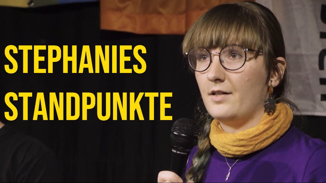Stephanie Henkel mit Mikrofon, neben ihr die Worte: "Stephanies Standpunkte"
