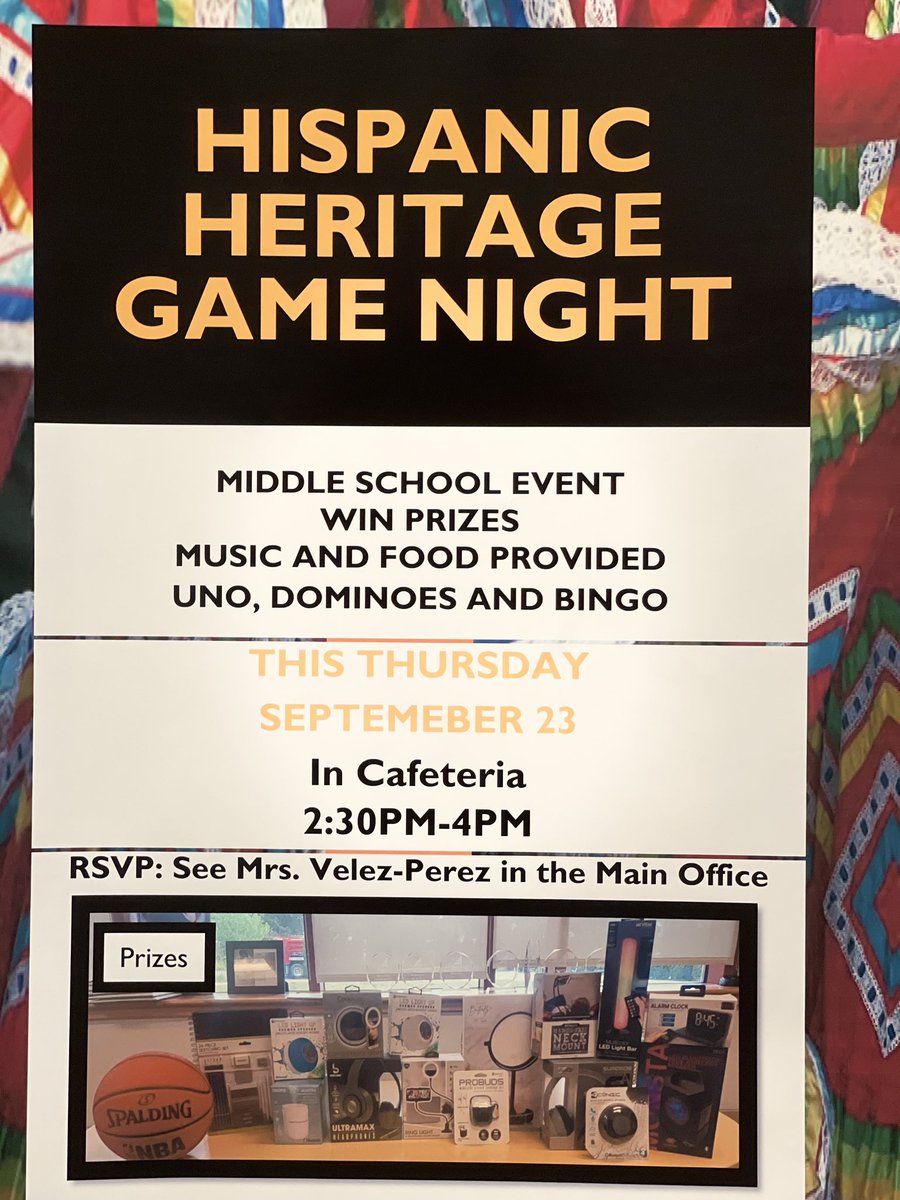 MedriaBlue's tweet photo. #esums #HispanicHeritageMonth Music, dancing, games, snacks & cool prizes brought to you by ESUMS clerk, Ms. Velez Perez. I am excited about the month long activities she’s planned. Today 50+ middle school students attended Game Night.@esumstweet https://t.co/YZSa2Yk5k2
