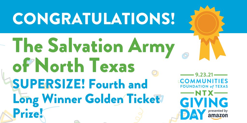 PRIZE ANNOUNCEMENT: The winner of the "SUPERSIZE! Fourth and Long Prize Winner" Golden Ticket is <a href="/SalArmyNTX/">Salvation Army North TX</a> 
<a href="/GiveWisely/">Communities Foundation of Texas (CFT)</a> #NTxGivingDay #BeTheGood