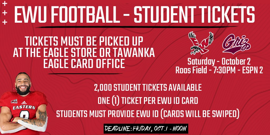 Attention all <a href="/EWUEagles/">EWU</a> students! 

Planning on attending <a href="/EWUFootball/">EWU Football 🏈</a>'s game against Montana on Oct. 2? You'll have to pick up your ticket ahead of time. Only 2,000 are available, so head to Tawanka or the Eagle Store NOW!

📰--> goeags.com/news/2021/9/23…