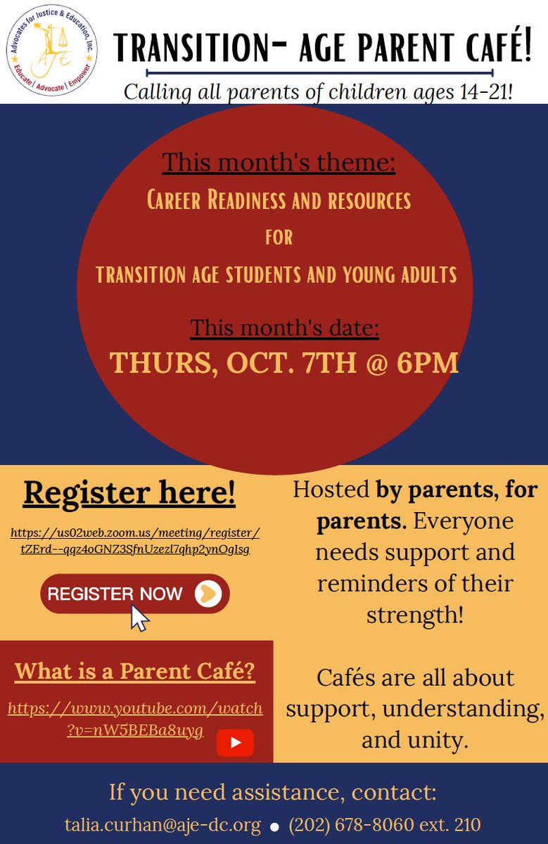 DC_DDCouncil's tweet photo. Join @AJEInc for their next Parents Cafe on October 7 at 6pm. The theme is "Career Readiness and Resources for Transition Age Students and Young Adults."

You can register here: https://t.co/VeTn8XTirv

If you need assistance, contact talia.curhan@aje-dc.org https://t.co/fXYELK454G